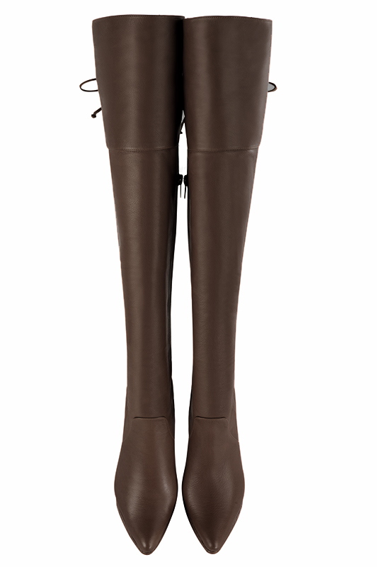 Dark brown women's leather thigh-high boots. Tapered toe. Very high slim heel with a platform at the front. Made to measure. Top view - Florence KOOIJMAN